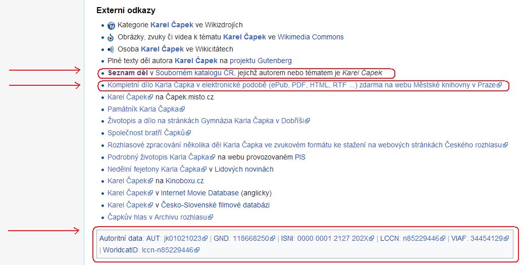 Obr. 3: Ukázka využití autoritního záznamu na Wikipedii k propojení různých webových služeb (zdroj: https://cs.wikipedia.org/, získáno 2019-02-10)