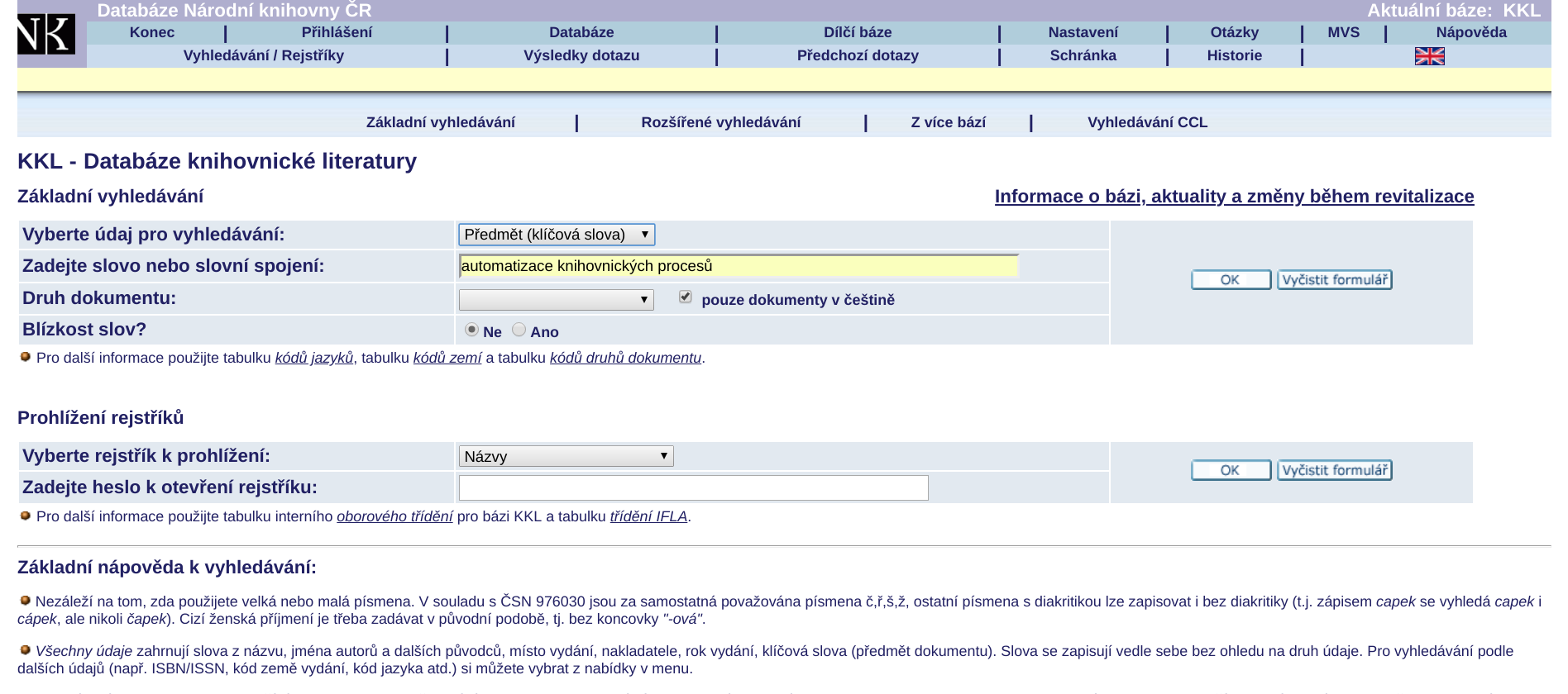 Obr. 1: Dotaz zadaný do databáze KKL (zdroj: https://aleph.nkp.cz/cze/kkl, získáno 2018-09-05)