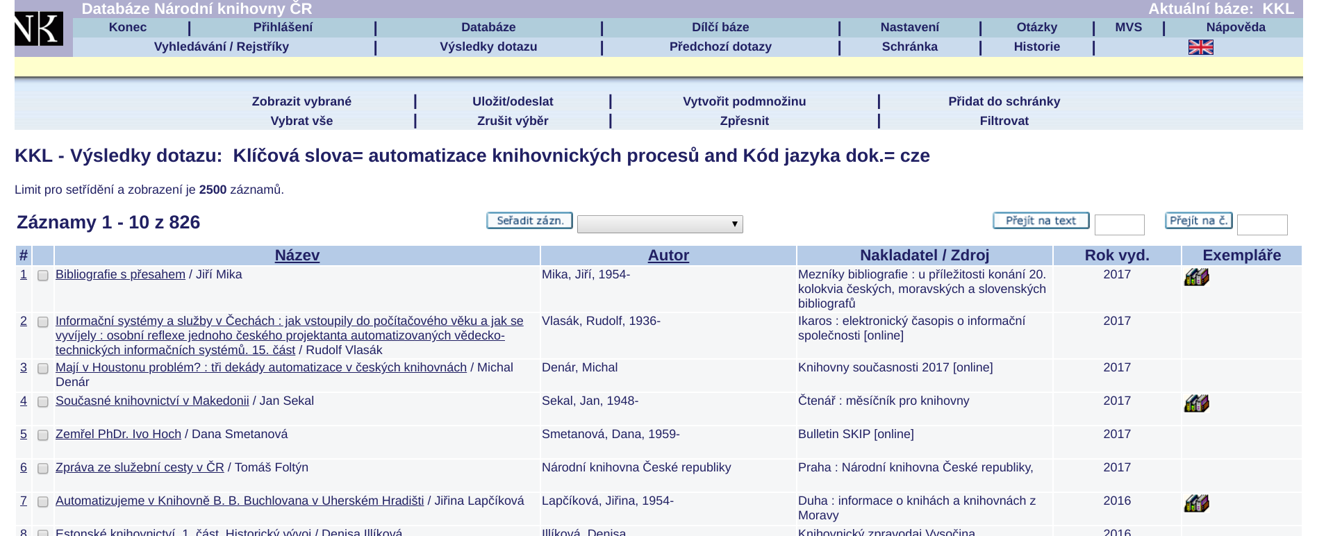 Obr. 2: Získané výsledky (zdroj: https://aleph.nkp.cz/cze/kkl, získáno 2018-09-05)