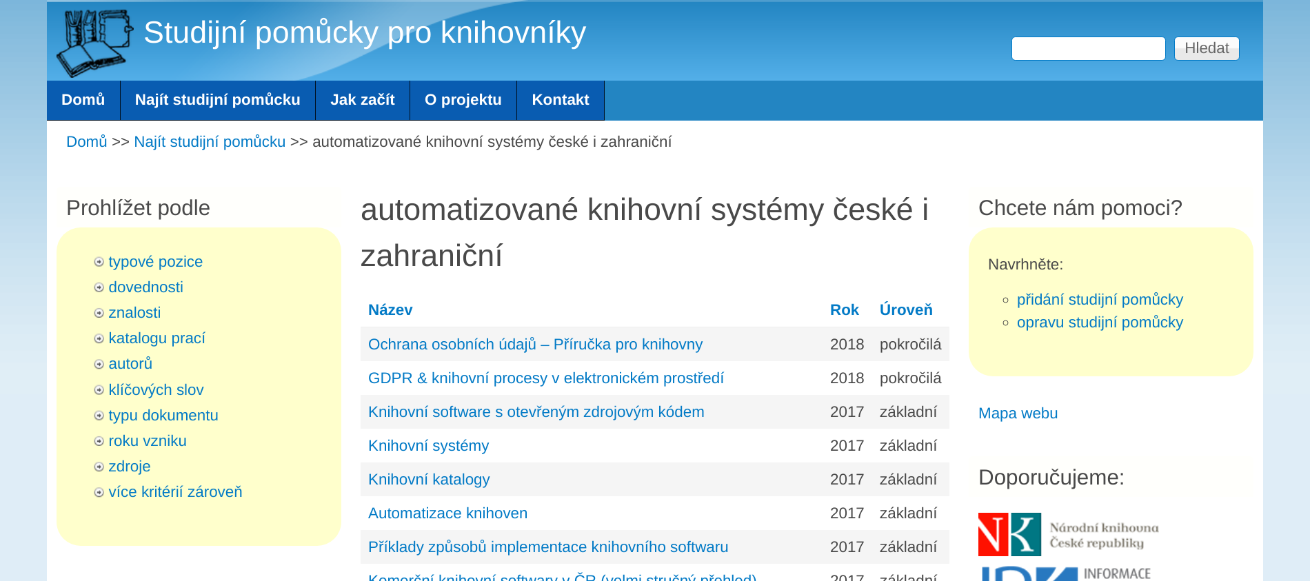 Obr. 3: Web Studijní pomůcky pro knihovníky (zdroj: https://studujte.nkp.cz, získáno 2018-09-05)