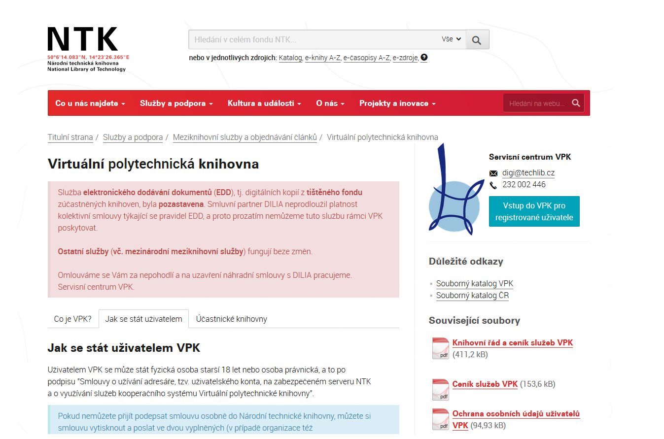 Obr. 6: Informace o Virtuální polytechnické knihovně na webu Národní technické knihovny (zdroj: https://www.techlib.cz/, získáno 2019-03-18)