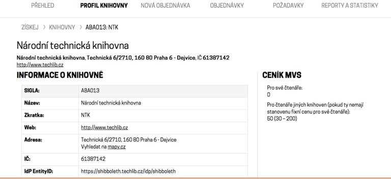 Obr. 7: Profil knihovny ve službě ZÍSKEJ (zdroj: https://ziskej-info.techlib.cz/info-pro-knihovny, získáno 2019-03-18)