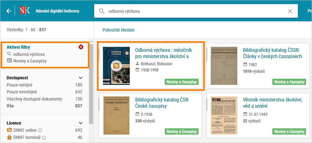 NDK - hledání periodik, upřesnění pomocí Typu dokumentu