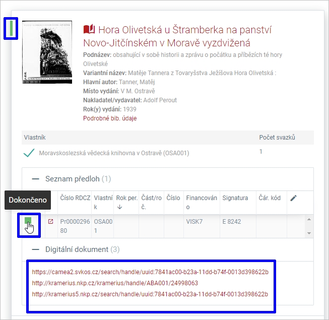 Registr digitalizace - detail