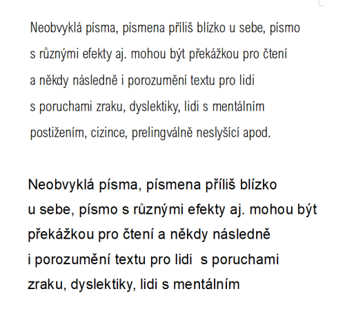 Obr. 2: Srovnání úzkého fontu s tenkými linkami a běžného písma