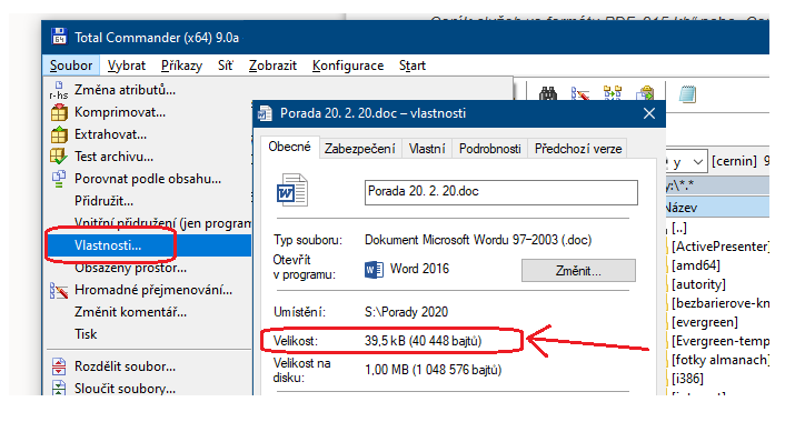 Obr. 7: Informace o velikosti souboru v programu Total Commander