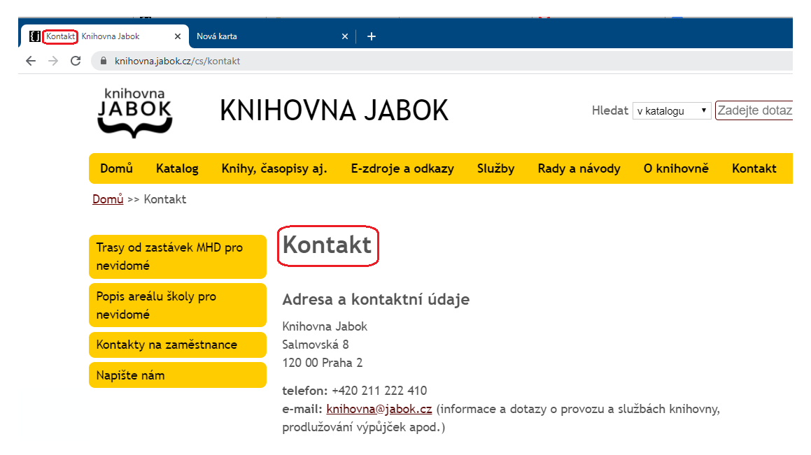 Obr. 1: Zobrazení názvu stránky v nadpisu stránky a v názvu karty prohlížeče