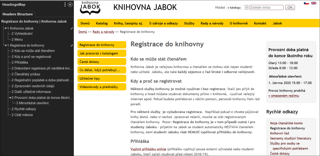 Obr. 2: Zobrazení hierarchie stránky pomocí nástroje HeadingsMap