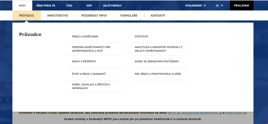 Obr. 1: Menu na webu Ministerstva práce a sociálních věcí ČR