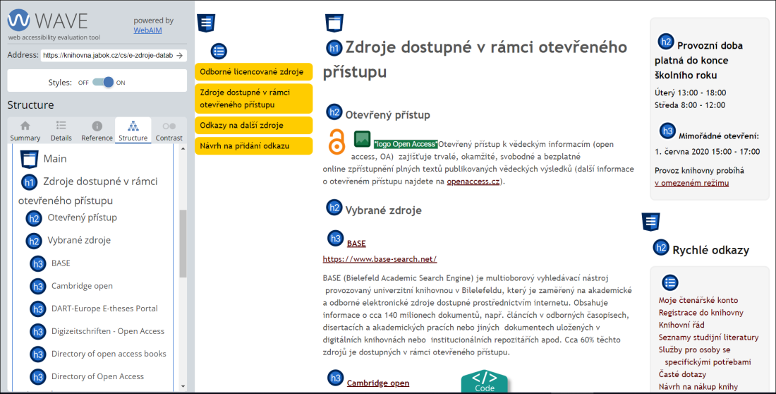 Obr. 1: Část výstupu hodnocení stránky Knihovny Jabok pomocí validátoru WAVE s vyznačenou hierarchií nadpisů