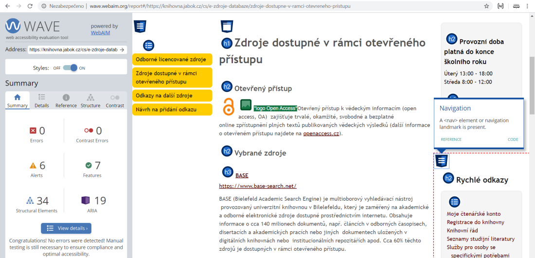 Obr. 2: Rozhraní validátoru WAVE na příkladu webu Knihovny Jabok