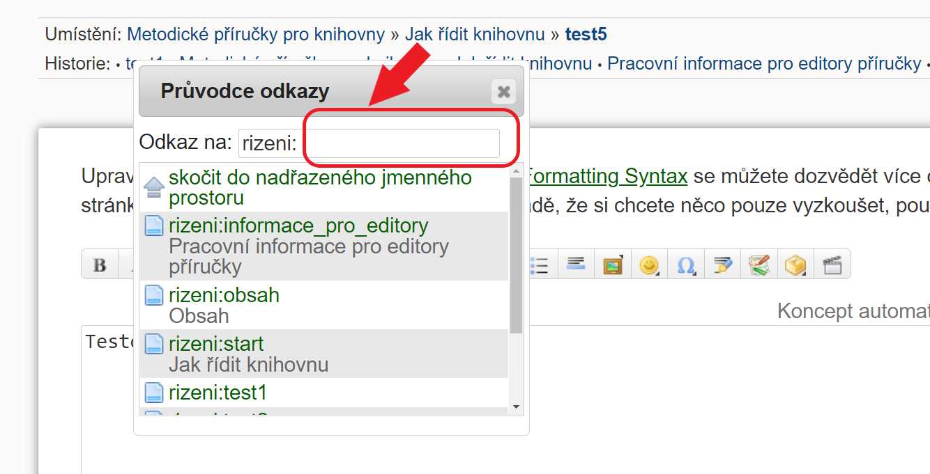 Obr. 2 - Zadání názvu stránky do průvodce odkazy