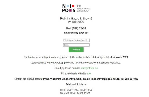 Vstupní stránka – roční výkaz o knihovně