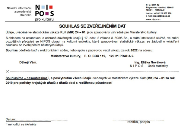 Obr. 3 – Formulář NIPOS pro kulturu – souhlas se zveřejněním dat