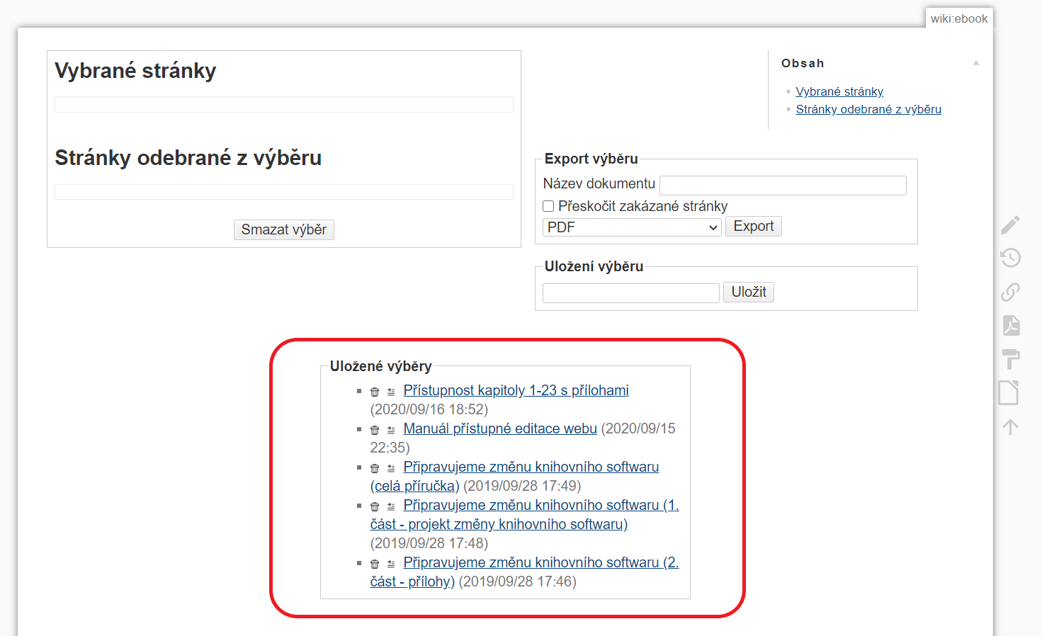 Obr. 1: Uložený výběr stránek